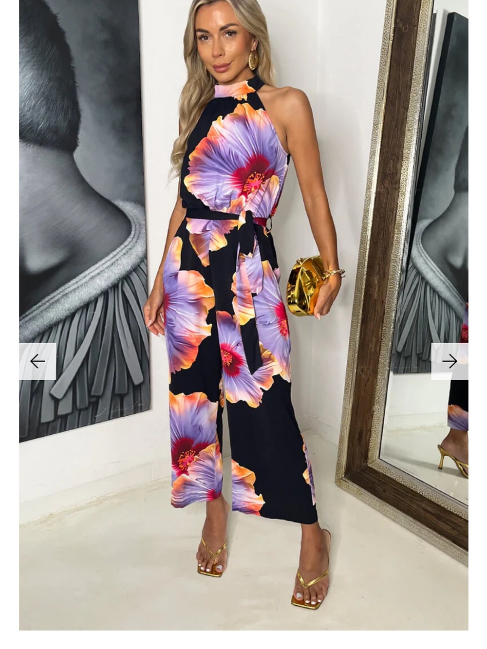 AX Paris Black Halter Jumpsuit with Purple & Orange Floral Print